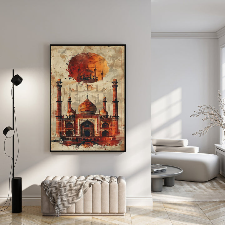 Wadi Home Taj Mahal watercolor wall art, featuring a vibrant artistic interpretation with rich reds and oranges, framed in black.