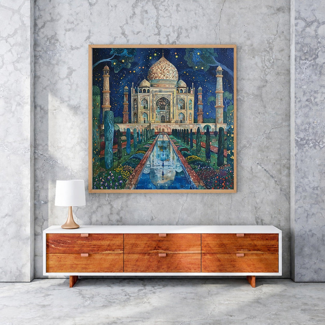 Wadi Home Taj Mahal Night Garden canvas print featuring the monument under a starry sky with lush gardens and reflection pool.