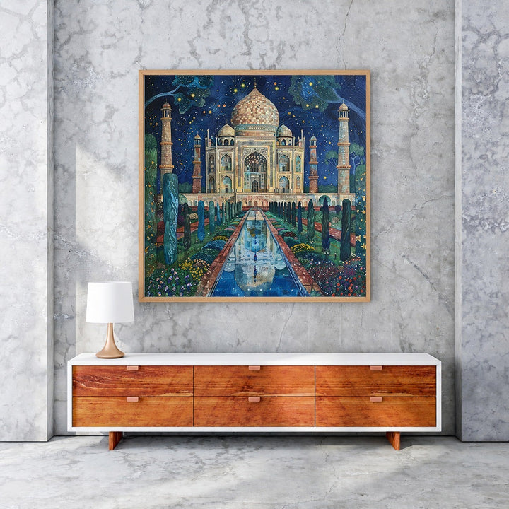 Wadi Home Taj Mahal Night Garden canvas print featuring the monument under a starry sky with lush gardens and reflection pool.