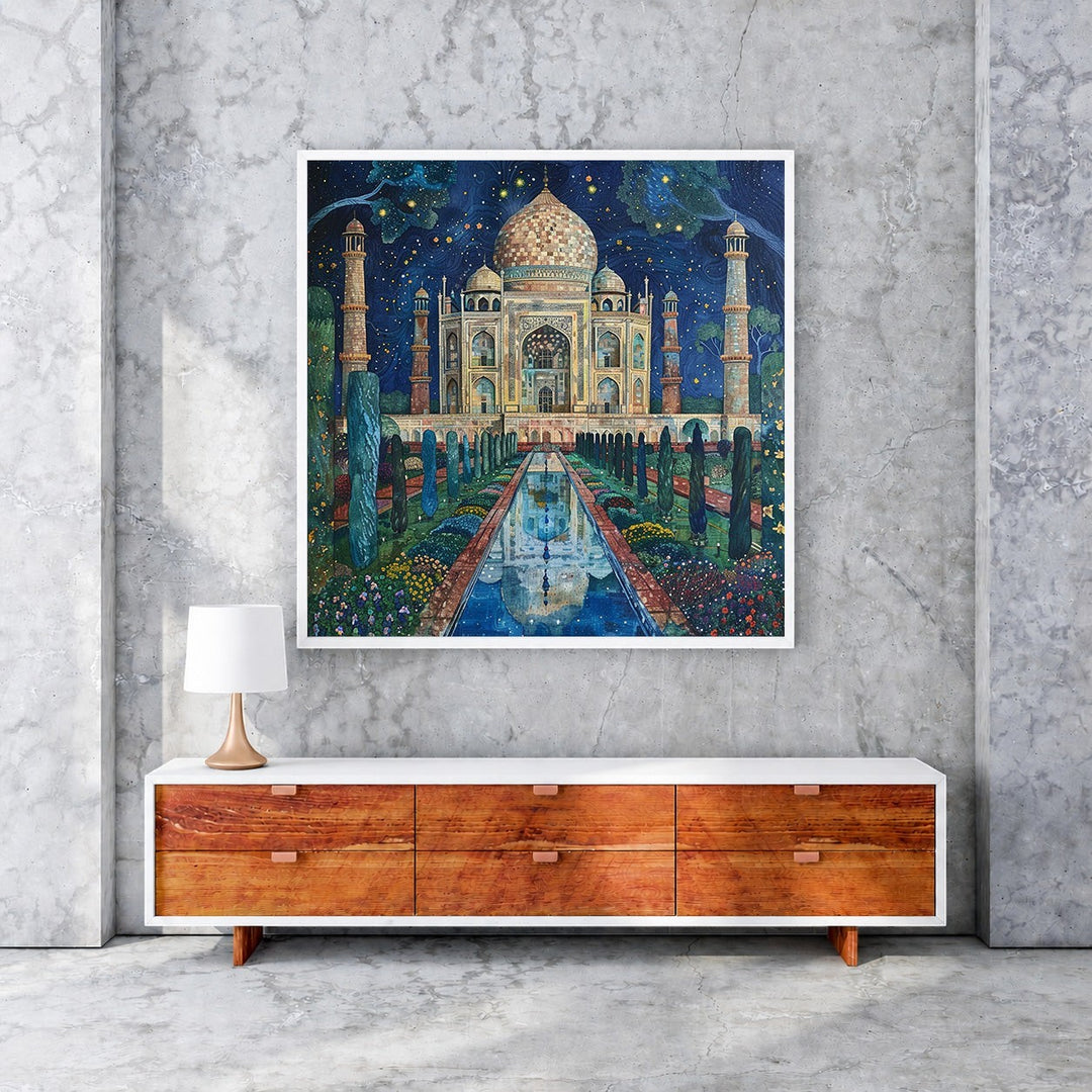 Wadi Home Taj Mahal Night Garden canvas print featuring the monument under a starry sky with lush gardens and reflection pool.