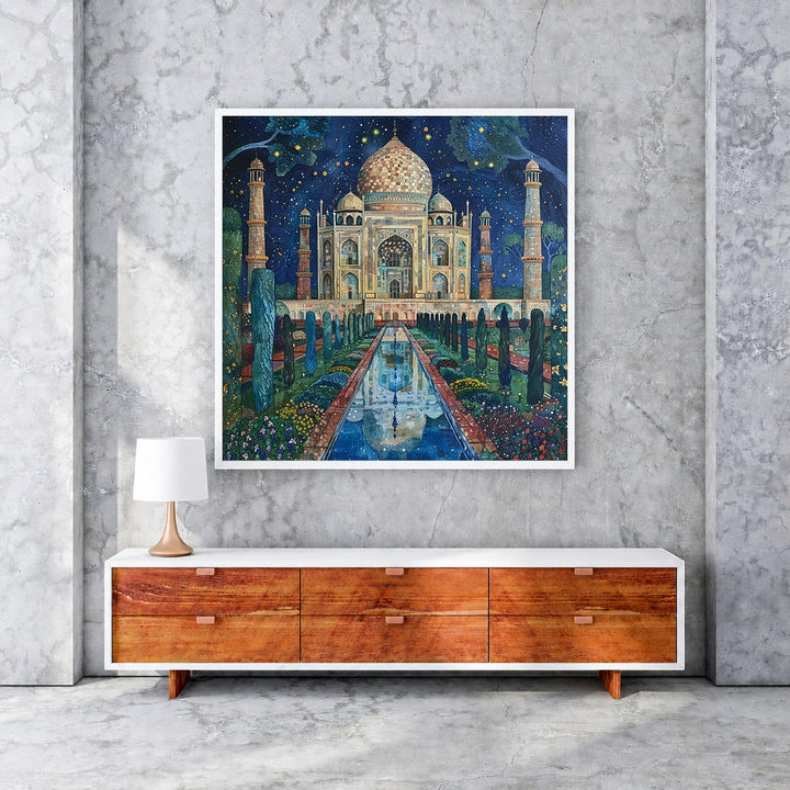 Wadi Home Taj Mahal Night Garden canvas print featuring the monument under a starry sky with lush gardens and reflection pool.