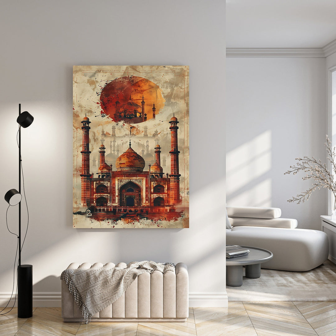 Wadi Home Taj Mahal watercolor wall art with vibrant red and orange hues, depicting the iconic monument with artistic brushstrokes.