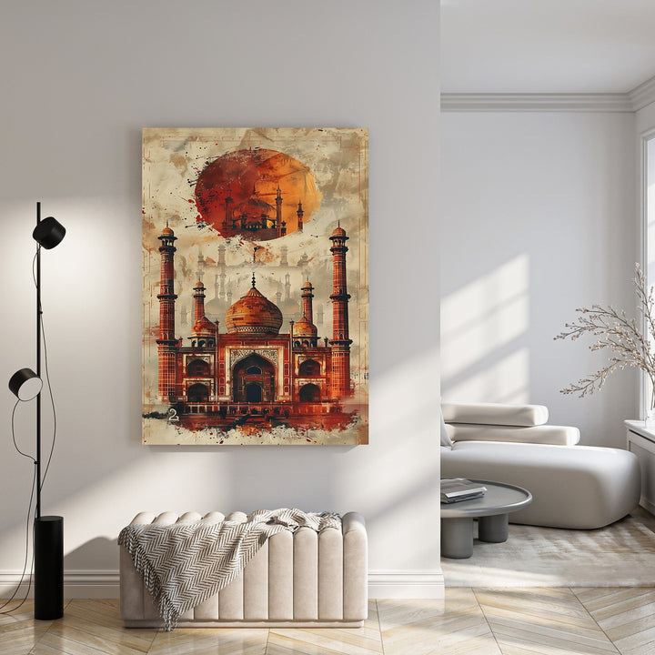 Wadi Home Taj Mahal watercolor wall art with vibrant red and orange hues, depicting the iconic monument with artistic brushstrokes.