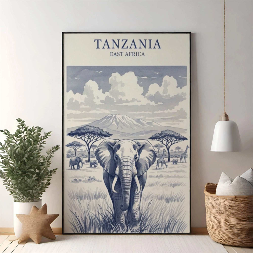 Wadi Home Tanzania East Africa elephant landscape art print. Blue and cream savanna scene with elephant, giraffes, acacia trees, and mountain.