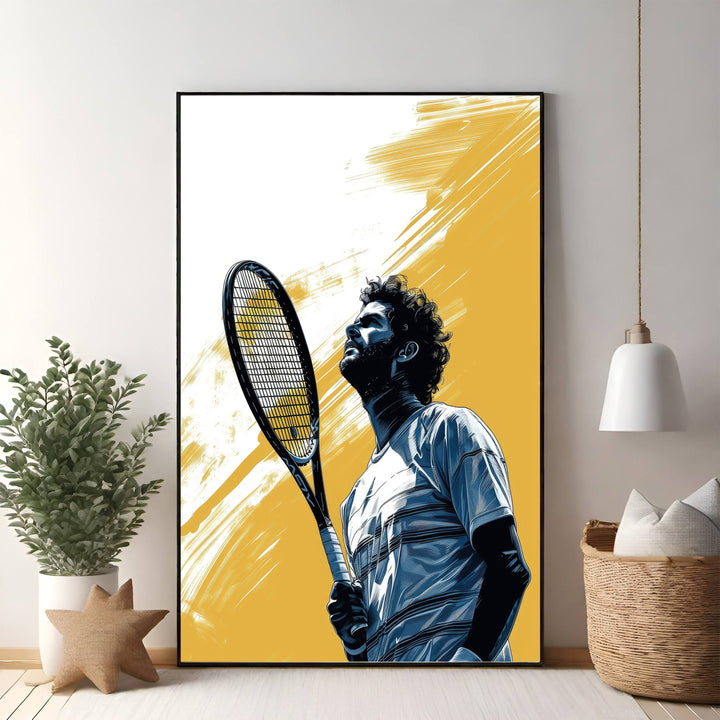 Wadi Home artwork of a tennis player in blue and yellow, holding a racket, graphic style.