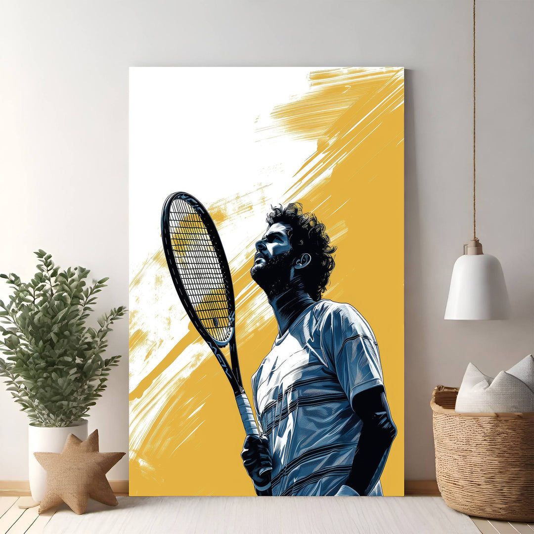 Wadi Home tennis player artwork in blue and yellow, graphic style, featuring a male player with racket.
