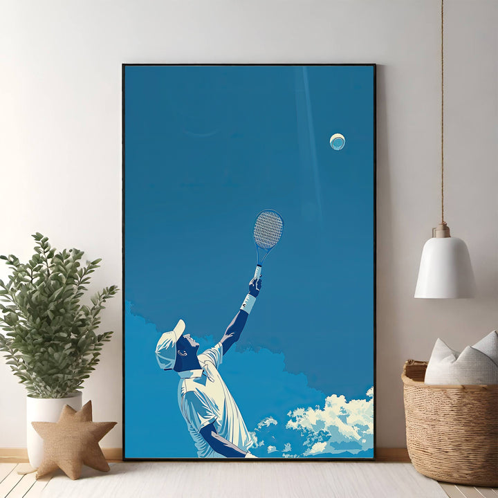 Wadi Home tennis player serving artwork, graphic style, blue sky and clouds, minimalist color palette.