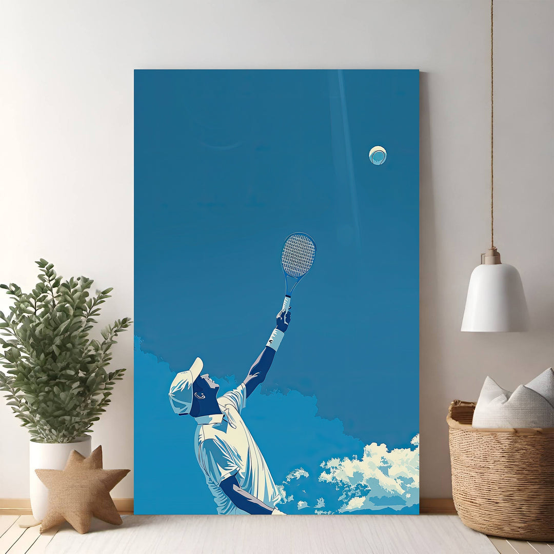 Wadi Home tennis player serving artwork in graphic style, blue sky and clouds, minimalist color palette.