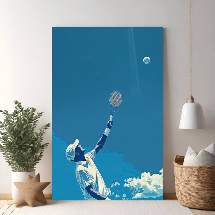 Wadi Home tennis player serving artwork in graphic style, blue sky and clouds, minimalist color palette.