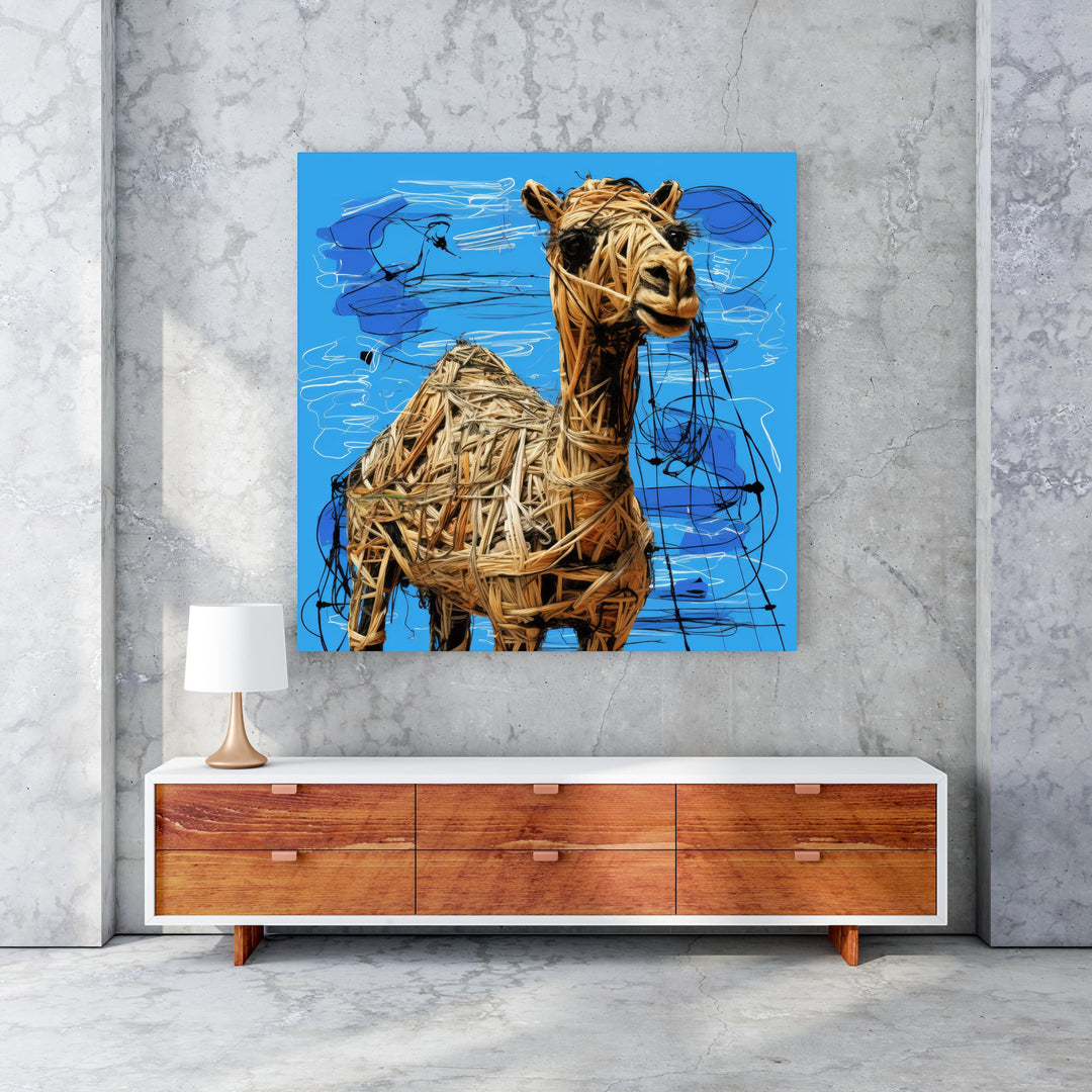 Wadi Home textured camel wall art with woven natural fibers on a vibrant blue background with black and white scribbles.