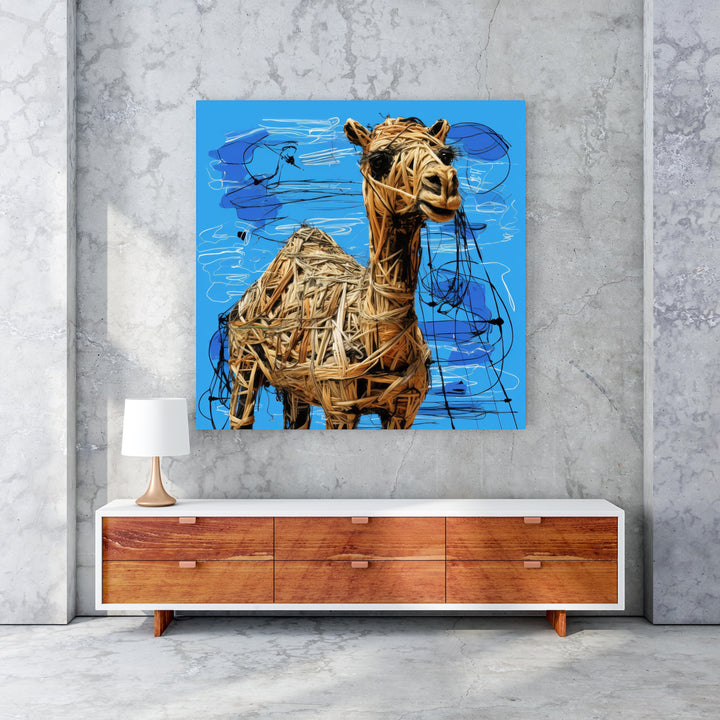 Wadi Home textured camel wall art with woven natural fibers on a vibrant blue background with black and white scribbles.