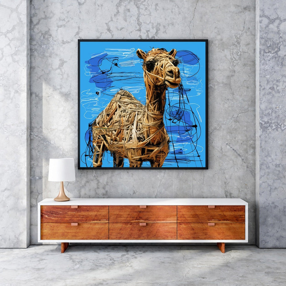 Wadi Home textured camel wall art with woven straw texture on vibrant blue background with black and white scribbles.