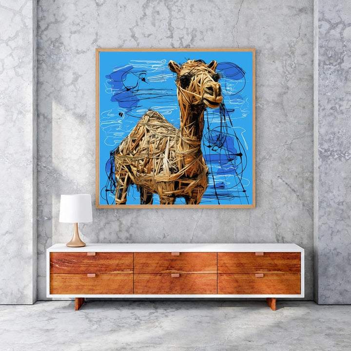 Wadi Home textured camel wall art with woven straw texture on a vibrant blue background with black and white scribbles.