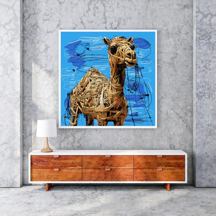 Wadi Home textured camel wall art with woven straw texture on a vibrant blue background with black and white scribbles.