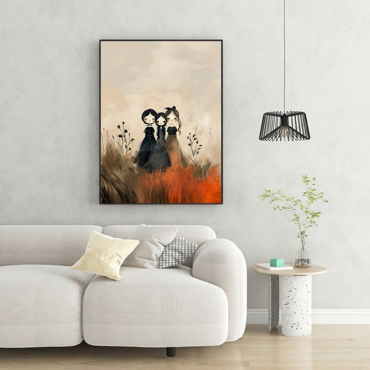 Wadi Home Three Figures In A Field wall art, featuring three stylized figures in black dresses amidst a textured field of warm earthy tones and vibrant orange accents.