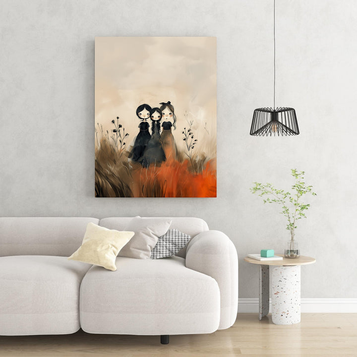 Wadi Home Three Figures In A Field wall art, featuring three stylized figures in black dresses amidst a textured field of warm earthy tones and vibrant orange accents.