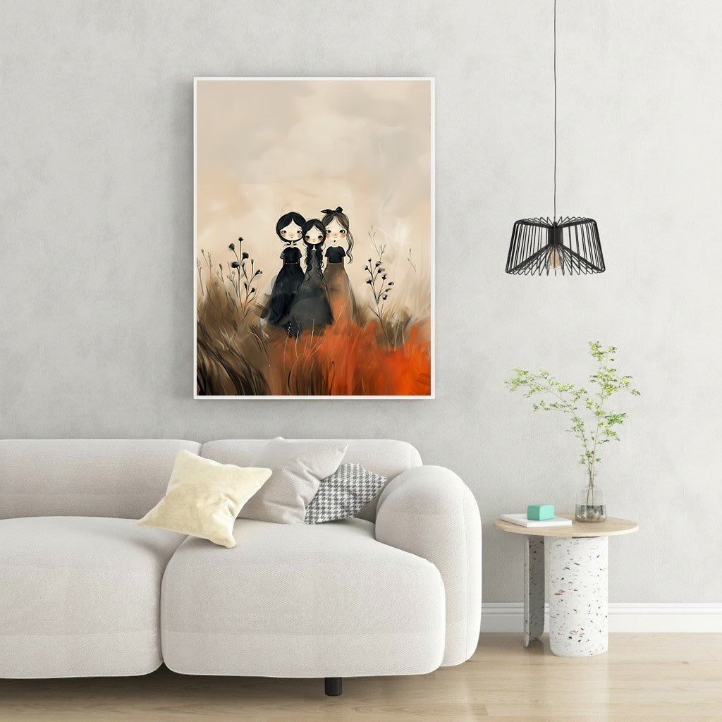 Wadi Home Three Figures In A Field wall art, featuring three stylized figures in black dresses and orange skirts amidst a textured field of warm earthy tones and vibrant orange accents.