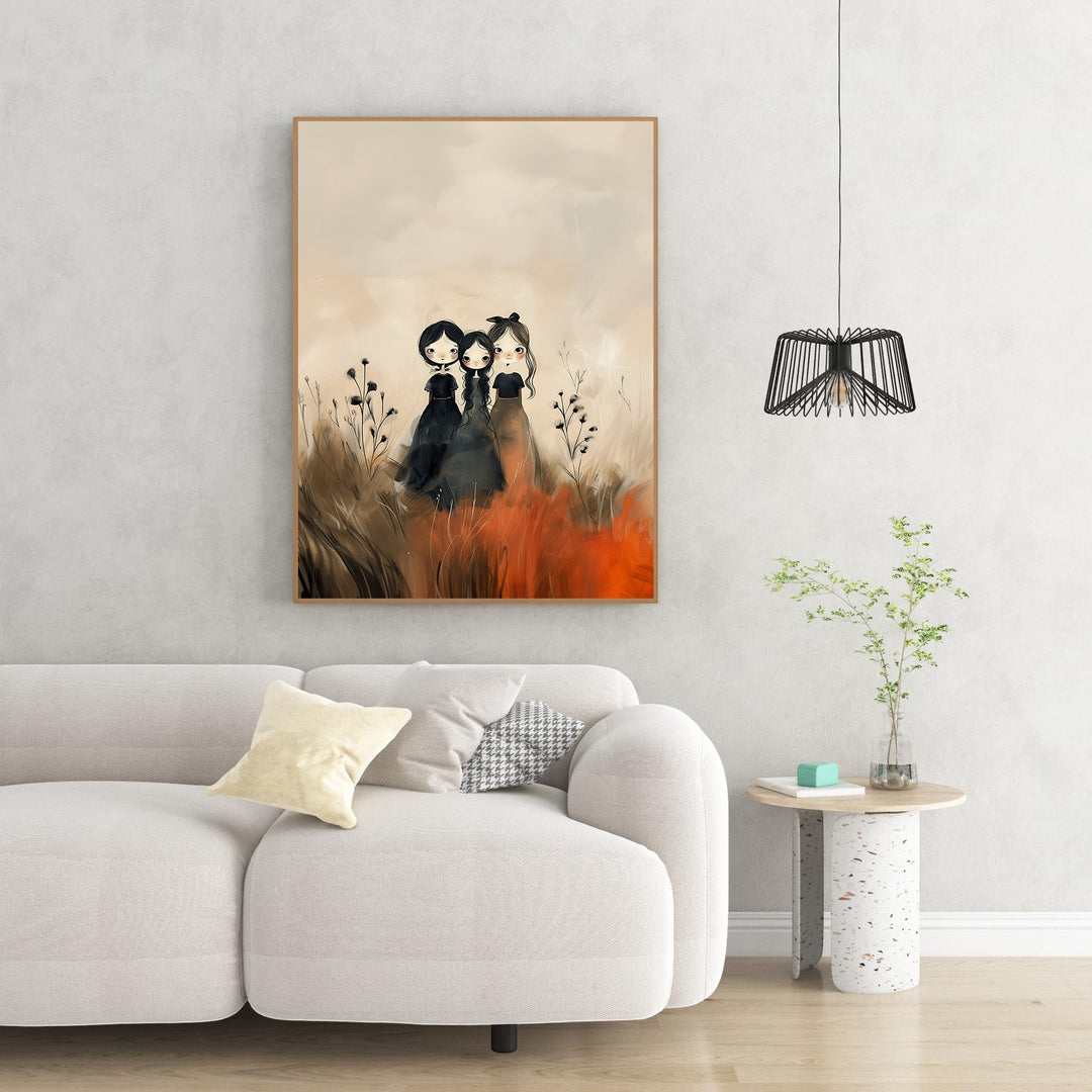 Wadi Home Three Figures In A Field wall art, featuring three stylized figures in black dresses amidst a textured field of warm earthy tones and vibrant orange.