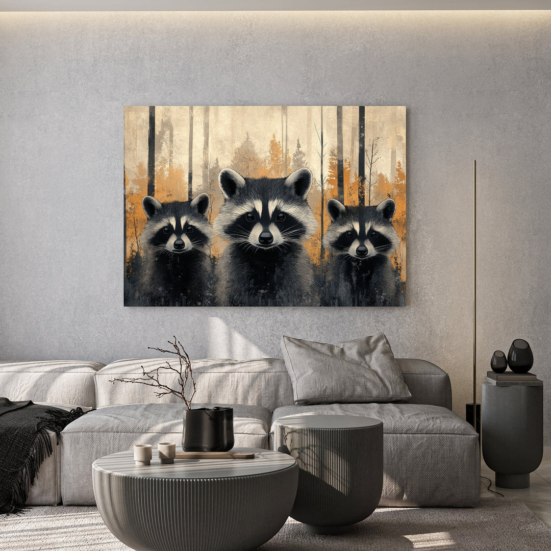 Wadi Home: Three raccoons in a forest, textured painterly style, warm earthy tones, whimsical wall art.