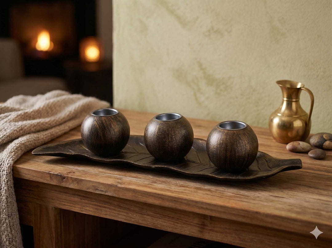 Wadi Home dark metal three sphere candle holder set on a leaf-shaped tray, ideal for tealights.