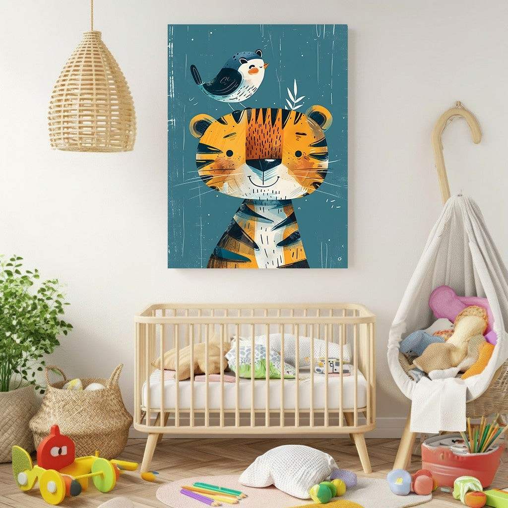 Wadi Home cute tiger and bird nursery wall art, featuring a friendly tiger with a blue bird on its head, in a child's room setting.