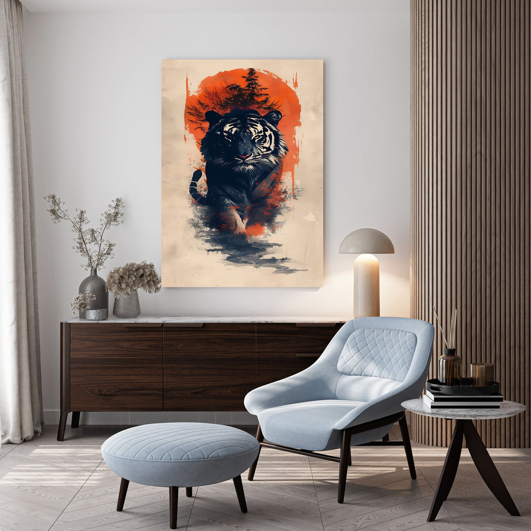 Wadi Home abstract wall art of a tiger emerging from a misty forest against an orange sunset.