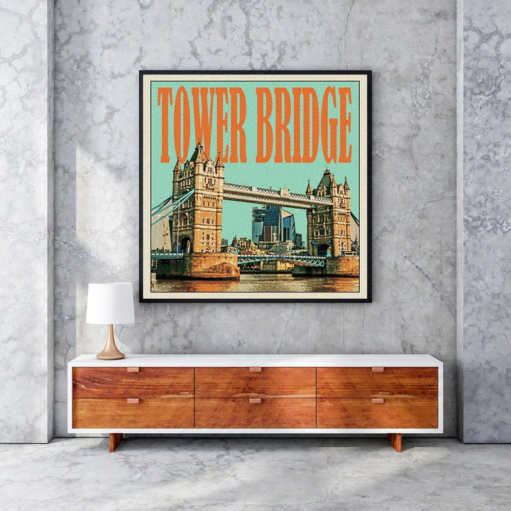 Wadi Home vintage-style Tower Bridge artwork in retro orange and teal colors, framed print.