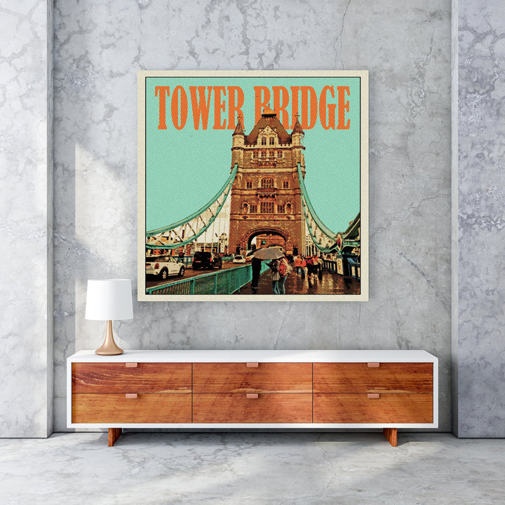 Wadi Home vintage Tower Bridge travel poster with retro illustration, turquoise background, and halftone dot pattern.