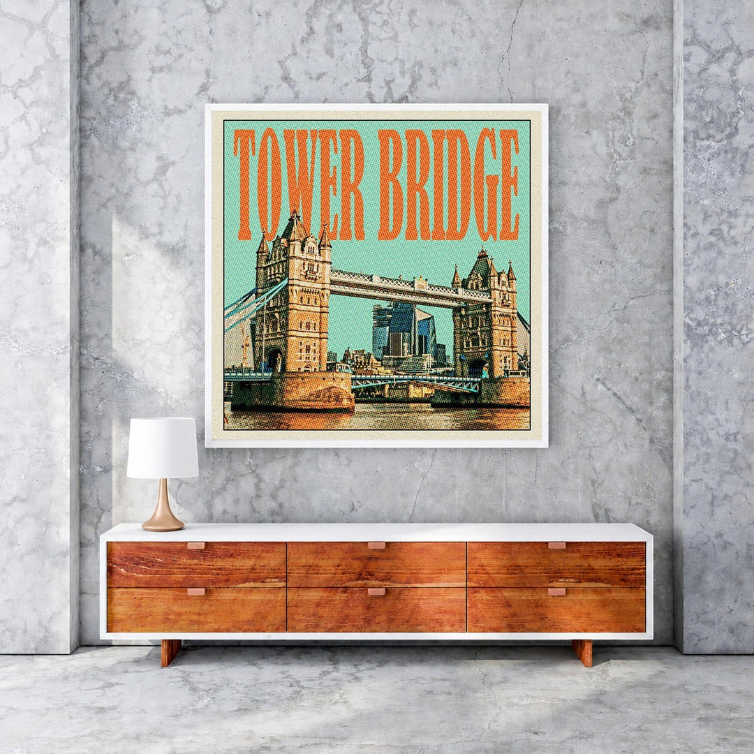 Wadi Home vintage-style artwork of Tower Bridge, London, with retro color palette and classic depiction.