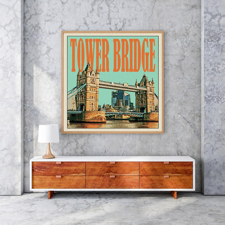 Wadi Home vintage-style artwork of Tower Bridge, London, with retro orange text on a teal background.
