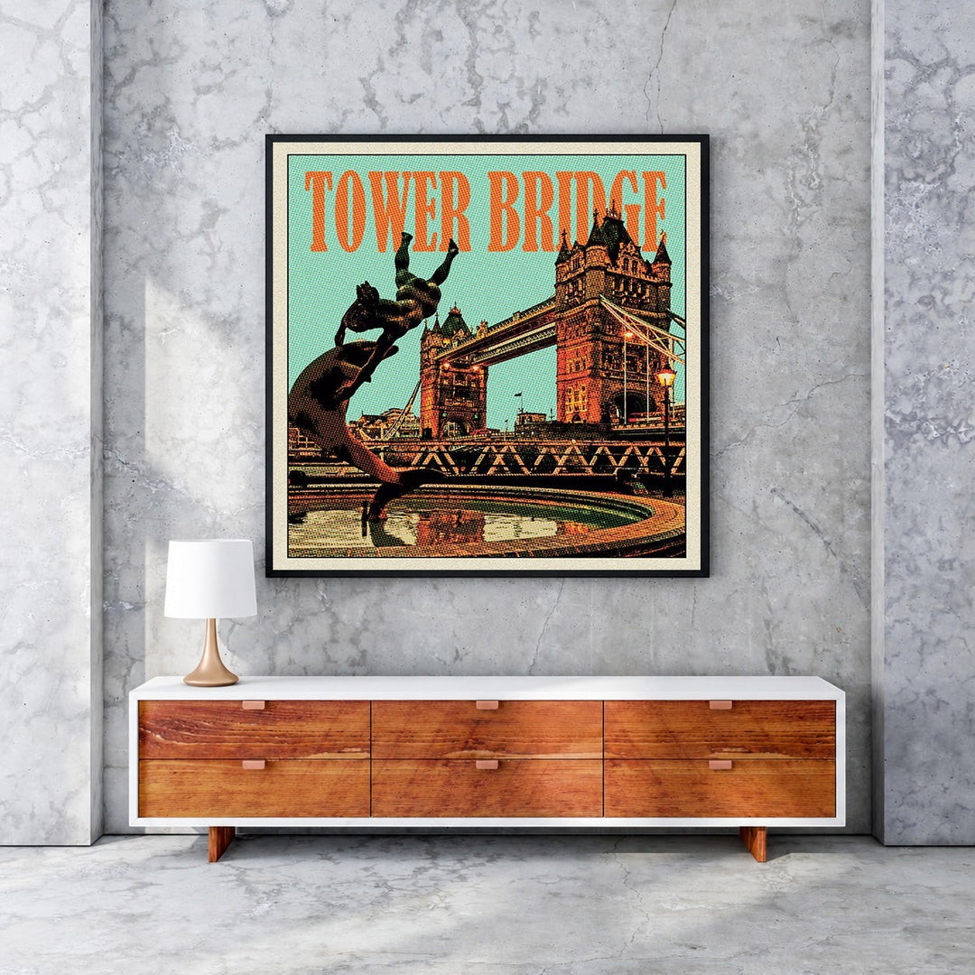 Wadi Home vintage Tower Bridge poster with retro color palette and textured finish, featuring a statue in the foreground.