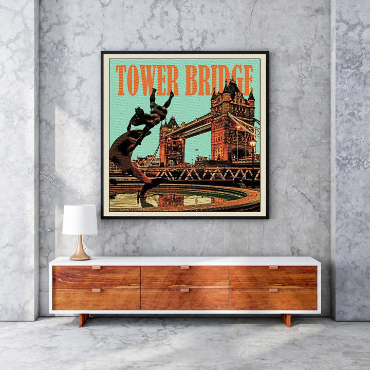 Wadi Home vintage Tower Bridge poster with retro color palette and textured finish, featuring a statue in the foreground.