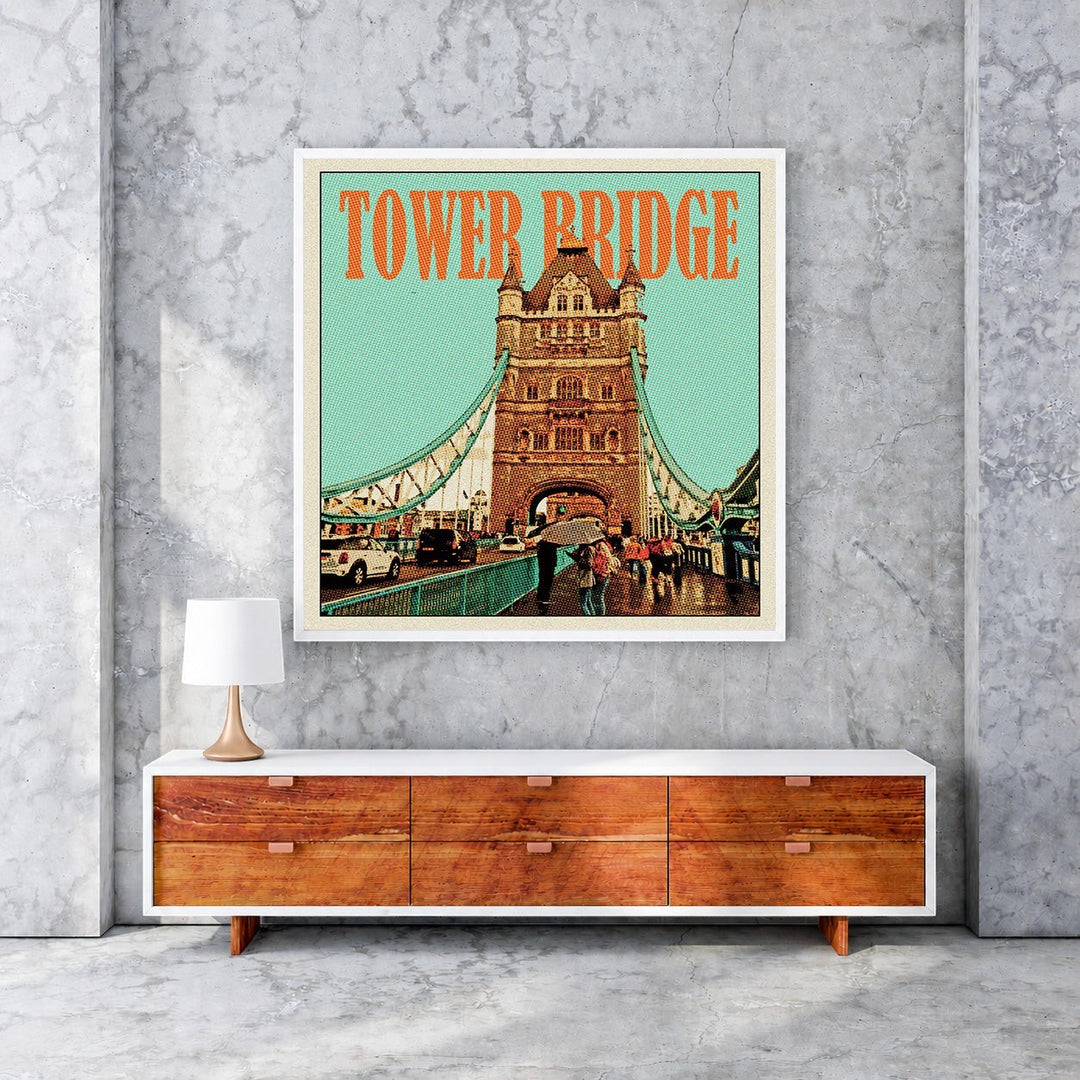 Wadi Home vintage travel poster of Tower Bridge, London, with a retro illustration, vibrant colours, and halftone dot pattern.