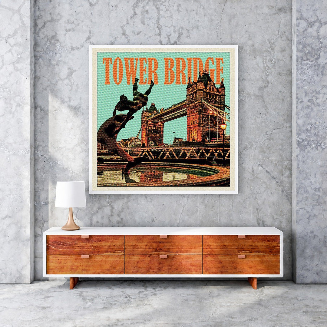 Wadi Home vintage Tower Bridge poster with retro colors and textured finish, featuring a statue in the foreground.