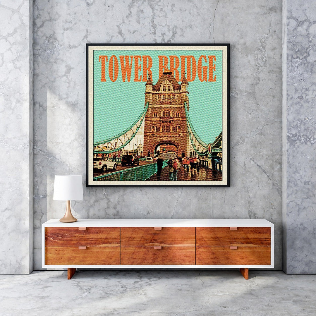 Wadi Home vintage travel poster of Tower Bridge, London, with a retro illustration, vibrant colours, and halftone dot pattern.