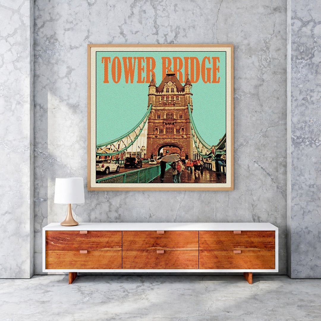 Wadi Home vintage travel poster of Tower Bridge, London, with a retro illustration and halftone dot pattern.