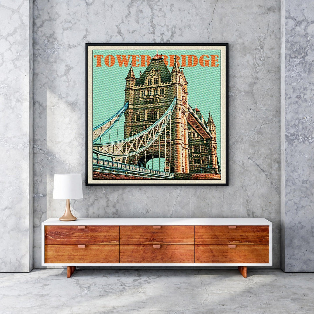 Wadi Home vintage Tower Bridge poster with teal background and orange text. Artwork depicts the iconic London landmark.
