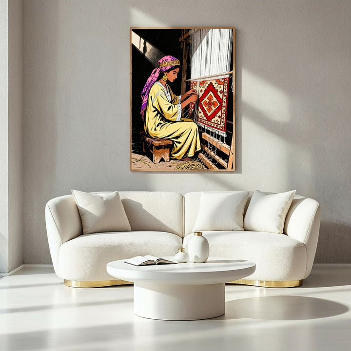 Wadi Home Traditional Weaver Wall Art depicts a woman in a yellow dress and purple headscarf weaving a rug on a loom.