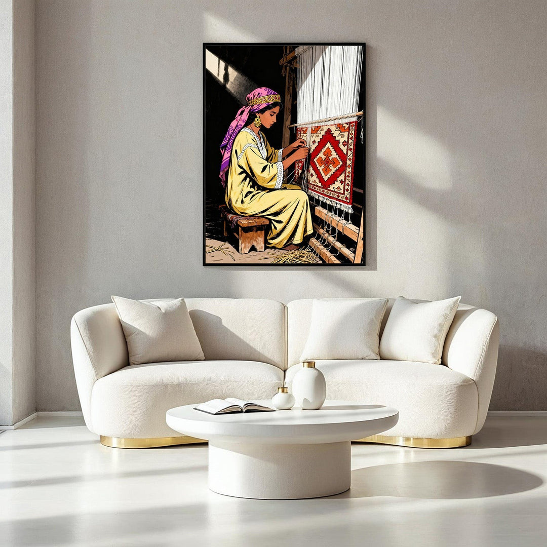 Wadi Home Traditional Weaver Wall Art: Woman in yellow dress and purple headscarf weaving a colorful rug on a loom.