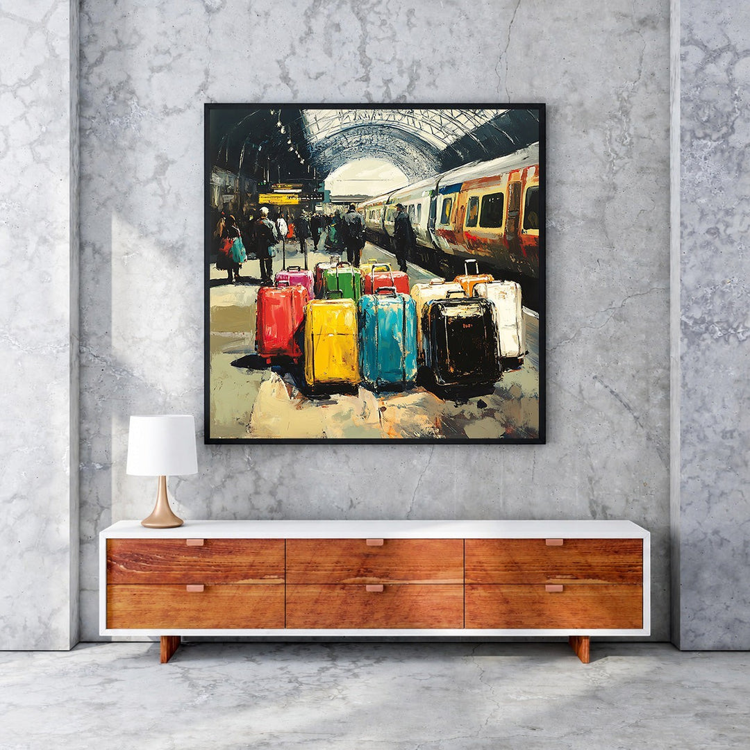 Wadi Home Train Station Luggage Art Print with colorful suitcases on a platform, impressionistic style.