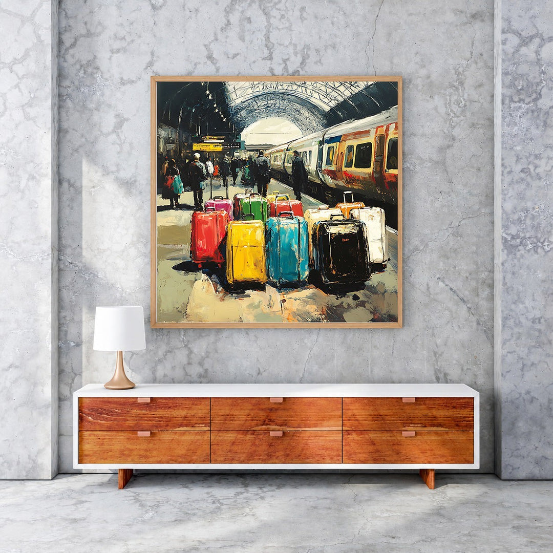 Wadi Home Train Station Luggage Art Print, impressionistic style with colorful suitcases on a platform next to a train.