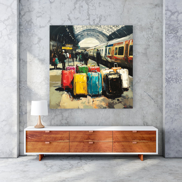Wadi Home Train Station Luggage Art Print, impressionistic style, colorful suitcases on platform with train.