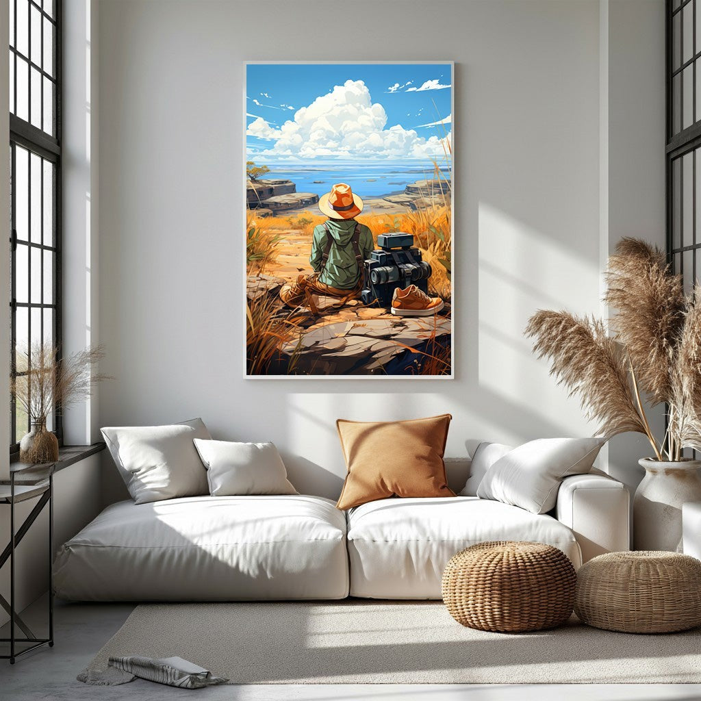 Wadi Home artwork: Lone traveler in straw hat and green jacket sits on rocks, gazing at ocean vista. Luggage and boots suggest journey.