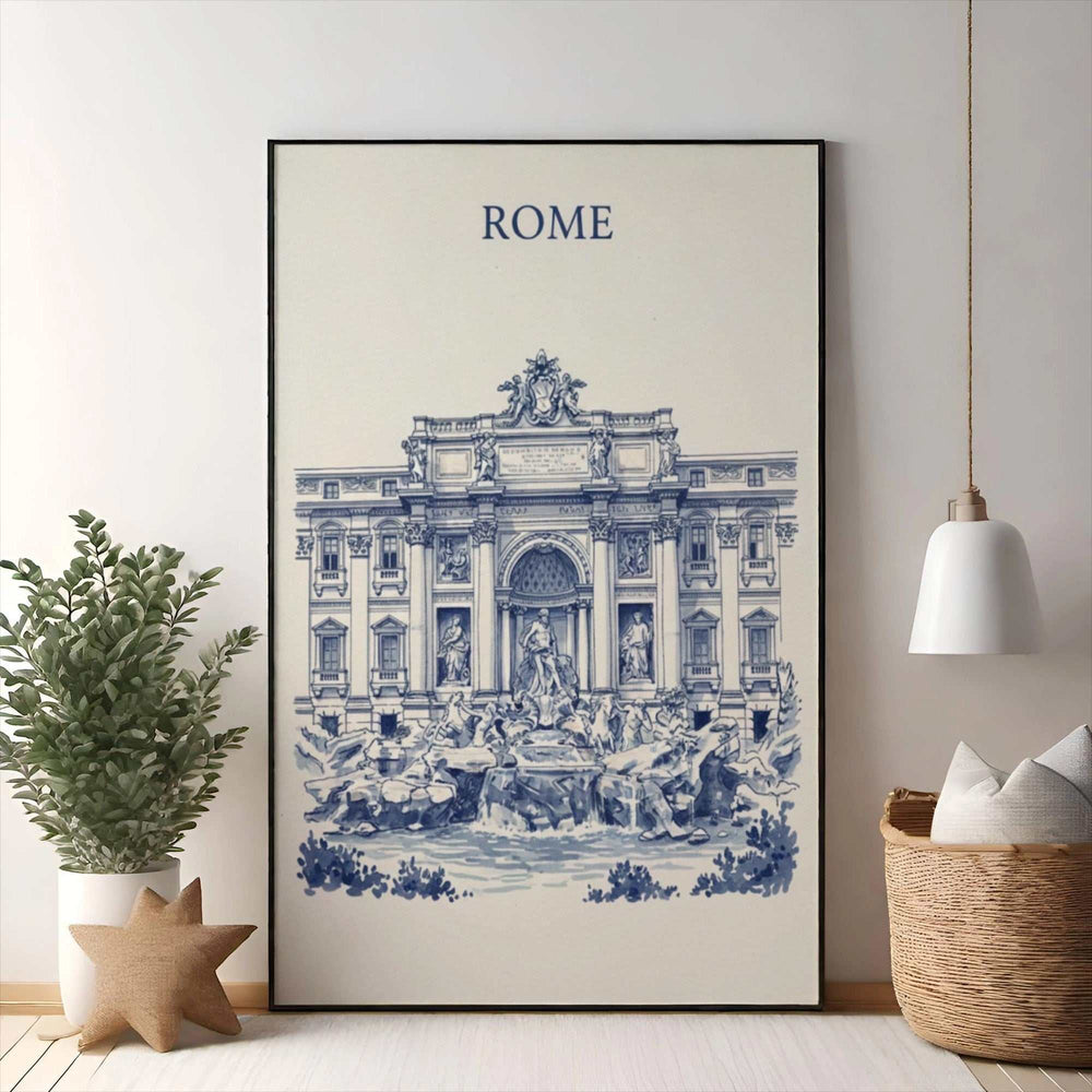 Wadi Home Trevi Fountain Rome illustration in blue and white, depicting the iconic landmark with intricate architectural details.