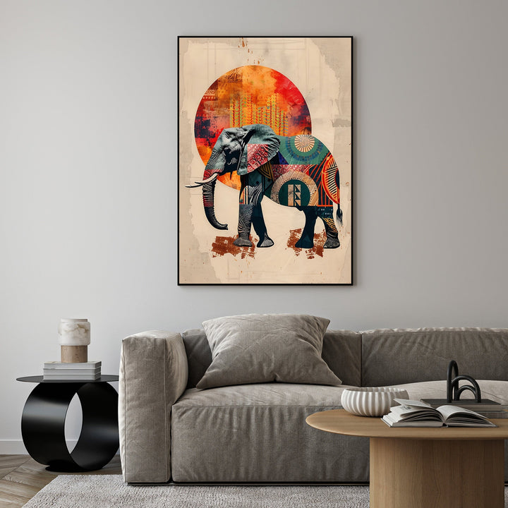 Wadi Home Tribal Elephant Wall Art with vibrant, intricate patterns and a warm, earthy tone. Bohemian style.