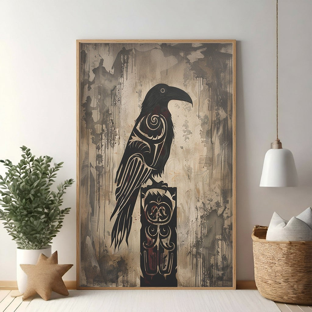 Wadi Home Tribal Raven Wall Art with intricate patterns on a textured abstract background in earthy tones.