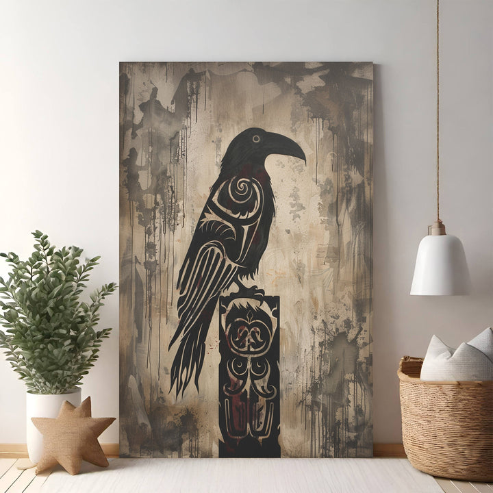 Wadi Home Tribal Raven Wall Art featuring a black raven silhouette with tribal patterns on an abstract, textured background in earthy tones.