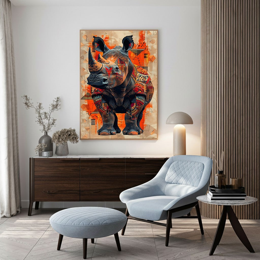 Wadi Home Tribal Rhino Wall Art with intricate patterns and vibrant orange abstract background. A striking piece for any room.