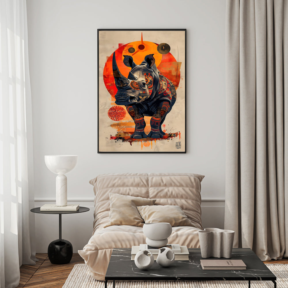 Wadi Home Tribal Rhino Wall Art featuring a stylized rhino with intricate tribal patterns in warm, earthy tones.