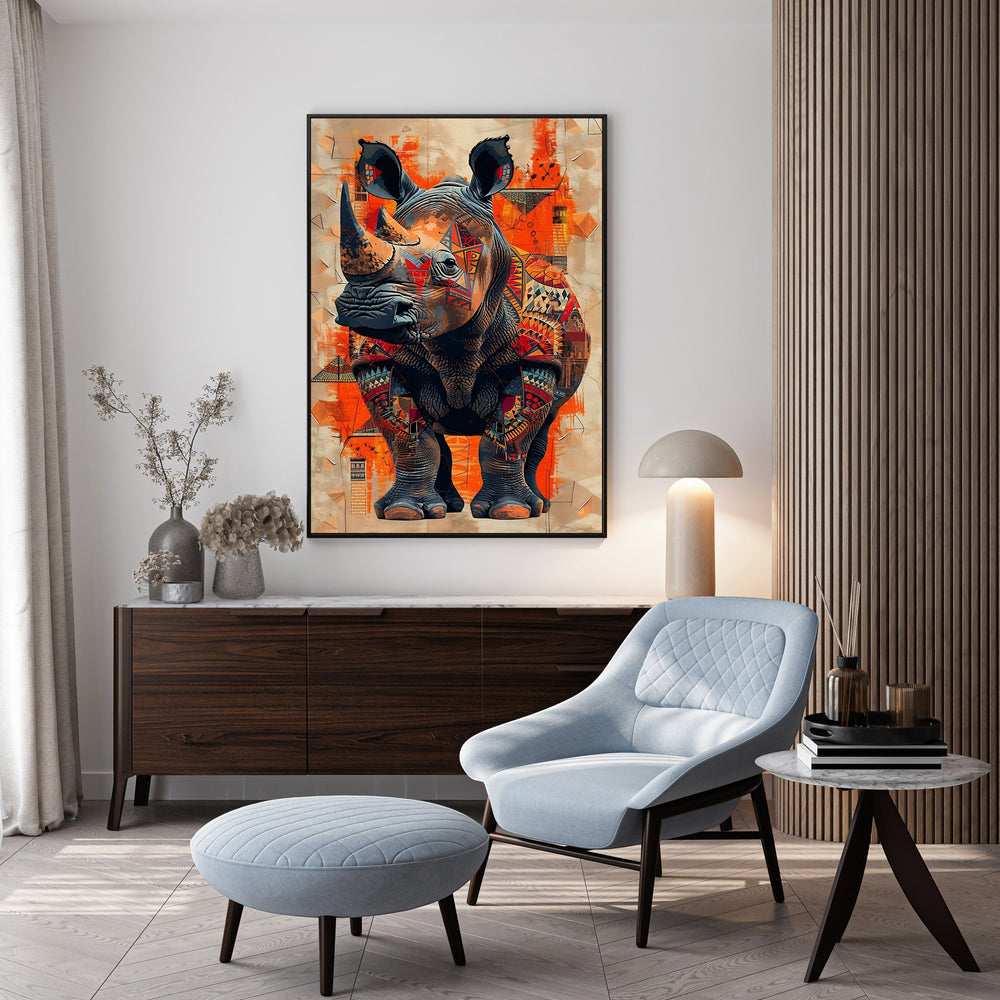 Wadi Home Tribal Rhino Wall Art with intricate tribal patterns and abstract background in warm orange tones.
